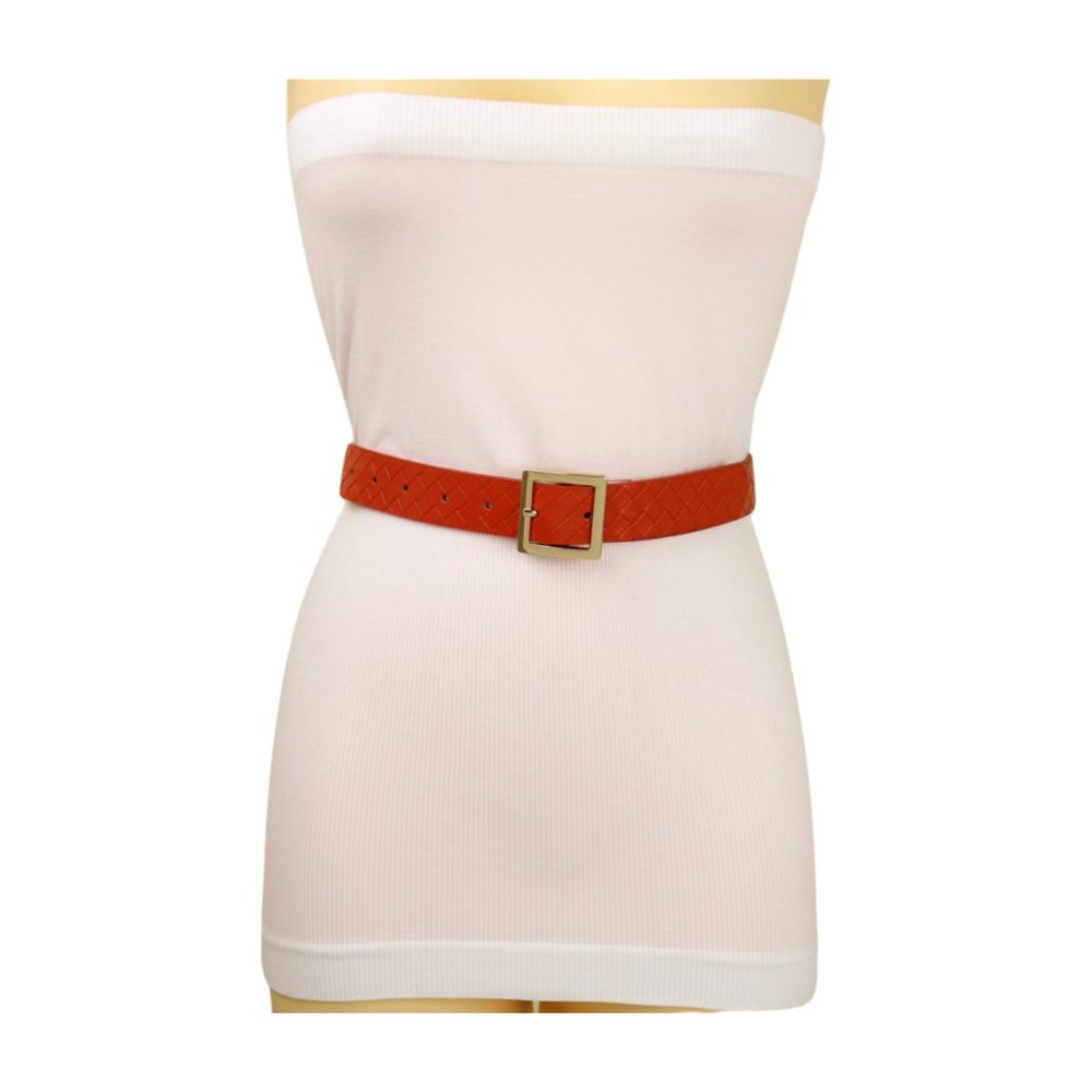 Women Orange Color Basket Weave Skinny Belt Gold Metal Square Buckle Size S M - Picture 5 of 17